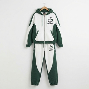 Women's Dark Green <b>White</b> Zip <b>Hoodie</b> Tracksuit Set Color Panel Design Oversized Jogger Pants Streetwear - Product Image 1