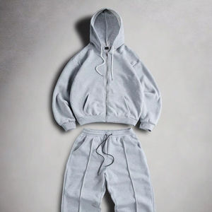 เสื้อฮู้ดแบบซิปมีเชือกผูก ทรงสตรีทแวร์สำหรับฤดูหนาว ลายพิมพ์ลำลอง สวมใส่ได้ทุกวัน เหมาะสำหรับการเดินทาง  สีพื้นเรียบง่าย  พร้อมกางเกงขายาวทรงสเวตแพนท์แบบซิปเต็มตัว - Product Image 1