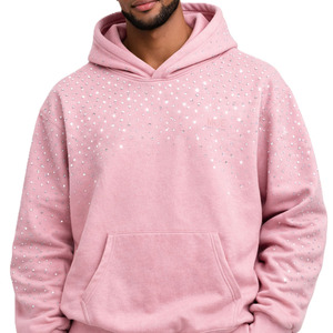 เสื้อฮู้ดดี้ประดับเพชรเทียมสำหรับผู้ชาย ผ้าฝ้ายฟลีซ สตรีทแวร์ แต่งดีเทลวิบวับ รับทำโลโก้ ทรงโอเวอร์ไซส์ ขายส่ง MOQ ต่ำ - Product Image 4