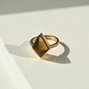 925 Sterling Silver Kite Shape <b>Tiger</b> <b>Eye</b> Gemstone <b>Ring</b> — 10x15mm Natural Stone Collet <b>Ring</b> - Gold Plated Handmade <b>Ring</b> - Product Image 1
