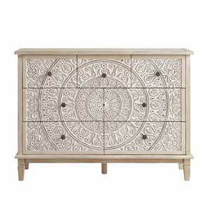 Commode à 6 tiroirs en bois sculpté, blanc antique, avec motif floral mandala, pour salon - Product Image 2