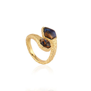 Bague pour homme en laiton massif plaqué or 18 carats, avec deux pierres précieuses inspirées du serpent en jade saphir bleu, pierre ovale fantaisie, taille ajustable. - Product Image 3