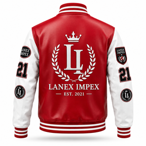 Custom Red <b>White</b> Varsity Letterman <b>Jacket</b> for <b>Men</b> and Women with PU Leather Sleeves Chenille Embroidery Patches Rib Knit Collar - Product Image 3