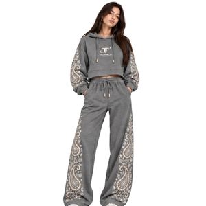 Heather <b>Grey</b> <b>Womens</b> Paisley Print Crop Hoodie Wide Leg Pants Two Piece <b>Tracksuit</b> Casual Streetwear Loose Fit Jogger Outfit Set - Product Image 1