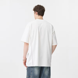 เสื้อยืดโอเวอร์ไซส์แขนสั้นคุณภาพสูงสำหรับผู้ชาย คอกลม สไตล์สตรีท ผ้าคอตตอนเจอร์ซีย์ แต่งขอบตัดสี พร้อมโลโก้พิมพ์ด้านหน้า - Product Image 3