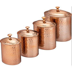 Ensemble de 4 boîtes en cuivre martelé de haute qualité, récipients de stockage alimentaire en métal pour la cuisine, contenants pour thé, café, sucre avec couvercles - Product Image 1