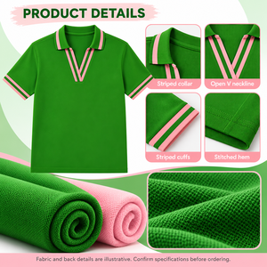อัลฟ่า |   คาปา |   เสื้อโปโล Alpha Sorority สำหรับผู้หญิง สีเขียวชมพูลายทาง คอวี ผ้าปิเก้ แขนสั้น ปักลายตราสัญลักษณ์ คอปก - Product Image 6