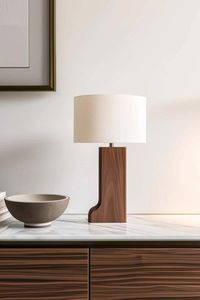 Walnut Wood Table Lamp E27/E26 Bulb Base <b>Wire</b> AC Off-White Fabric Drum Shade Simple Modern Bedroom Desk <b>Light</b> Home Decor - Product Image 3
