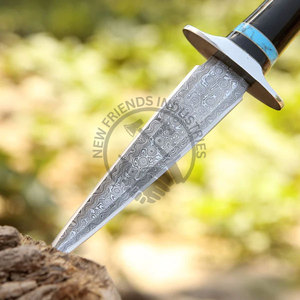 Couteau de chasse à lame fixe en acier Damas avec manche en turquoise et corne de taureau, lame à double tranchant en acier Damas, couteau tactique de survie - Product Image 4