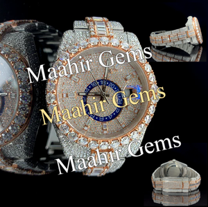 Reloj de Negocios con Caja de Diamantes Moissanite, Resistente al Agua 10 Bar, Acero Inoxidable, Esfera Bicolor, Cristal Azul, Anillo GMT - Product Image 2