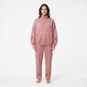 Conjunto Deportivo de Alta Calidad para Mujer, Sudadera Holgada de Poliéster con Media Cremallera y Ribete en Contraste Blanco, Pantalones Deportivos Personalizados - Product Image 5