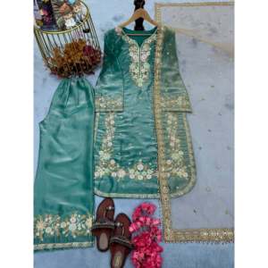 Designer Women's <b>Silk</b> Top & Plazzo Dupatta Set for Party Wear Look - Product Image 1