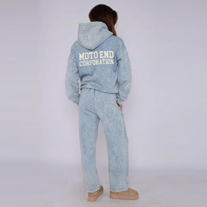 Ensemble de survêtement en molleton bleu ciel pour femme avec sweat à capuche à poches et pantalon de survêtement assorti, coupe ample, décontracté, toutes saisons - Product Image 5