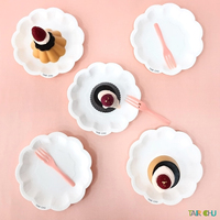 Set Piring Kue Pesta Bayi Perempuan 6 Buah Sekali Pakai, Garpu, Kertas Ramah Lingkungan Bentuk Bunga, Pola Kustom, Desain Modern, untuk Makanan