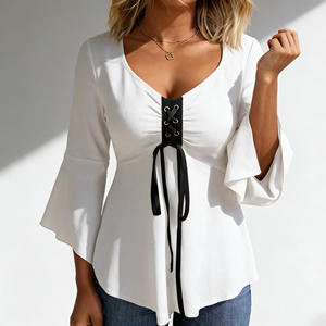 Vente flash sur le t-shirt décontracté pour femme Temu, col en V, manches évasées, laçage sur le devant, idéal pour les sorties décontractées et le quotidien. - Product Image 4