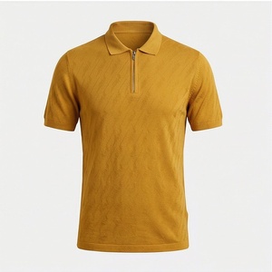 Polo en tricot à manches courtes jaune moutarde pour homme avec fermeture éclair, design uni décontracté, coupe classique - Product Image 1