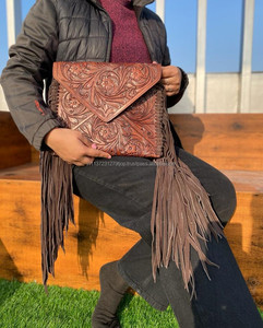 กระเป๋าถือหนังวัวแท้เครื่องมือสำหรับผู้หญิง, กระเป๋าหนังโบฮีเมียนสลักลาย - Product Image 3