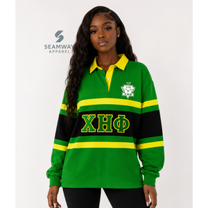 Camiseta de rugby oversize para mujer Chi Eta Phi con bloques de color, manga larga, cuello polo y letras griegas bordadas, estilo universitario. - Product Image 5