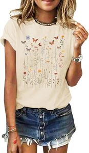 เสื้อยืดผ้าฝ้ายพิมพ์ลายดอกไม้สำหรับผู้หญิงแขนสั้นคอกลมทรงหลวมเสื้อครอปลำลองสวมใส่ในฤดูใบไม้ผลิฤดูร้อน - Product Image 4