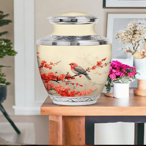 Escena detallada de un paisaje de montaña y bosque en una urna clásica de metal plateado. Naturaleza, disponible a precios de mayorista. - Product Image 2