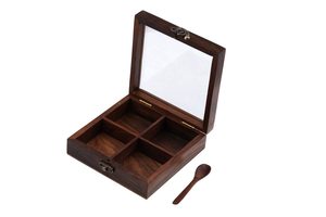 Caja de especias india de madera con nueve compartimentos, cuchara decorativa, multiusos, apta para lavavajillas, ecológica, para el hogar y restaurantes, venta al por mayor - Product Image 4