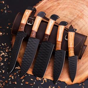 5 Piece Stainless Steel Right Hand Durable <b>Knife</b> <b>Set</b> Handmade Wood Handle <b>Sharp</b> Serrated Edge Blades Leather Roll Case - Product Image 3