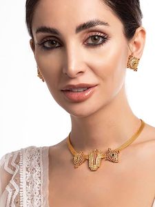 Juego de Joyería Étnica Chapada en Oro, Collar y Aretes con Piedras de Circonio, Diseño Geométrico para Mujer, Boda - Product Image 3
