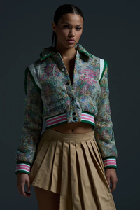 Floral <b>Sequined</b> Varsity <b>Jacket</b> Turn-Down Collar Glitter Print Preppy Style Short Length Front Customizable Unisex Autumn Wear - Product Image 6