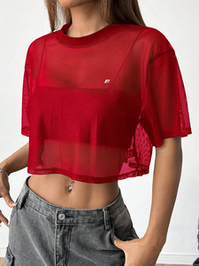 Wholesale Trendy Women Sheer Mesh Crop T Shirt Custom Logo Short Sleeve Summer Streetwear women's shirt Layering Top OEM Factory - Product Image 4