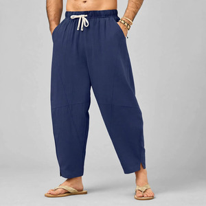 Pantalon Oxford en coton beige pour homme, coupe droite, taille mi-haute, fermeture boutonnée, décontracté, léger, respirant, poches latérales, idéal pour l'été - Product Image 1