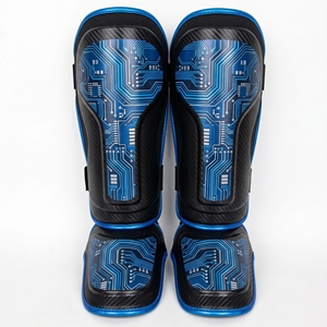 Protège-tibias professionnels en néoprène bleu et blanc, élastiques, ajustables avec fermeture auto-agrippante pour la boxe, équipement de protection pour adultes - Product Image 1