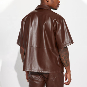 Custom High Quality Men's Short Sleeve Faux Leather Stand Collar T-<b>Shirt</b> Jacket Chest Pocket Eco-Friendly Breathable Anti-shrink - Product Image 4