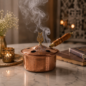 Brûleur d'encens artisanal en cuivre martelé avec poignée en bois, brûleur de Bakhoor, brûleur d'Oud, encensoir à charbon, aromathérapie, décoration d'intérieur, OEM - Product Image 2