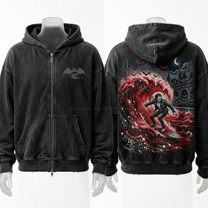 Sweat à capuche noir personnalisé à fermeture éclair intégrale avec broderie graphique géométrique en cristal pour homme, coupe oversize, effet délavé, style streetwear - Fournisseur - Product Image 5