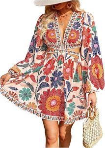 Vestido Mini de Verano para Mujer, Estilo Tropical, Cintura Alta, Manga Farol, con Lazos en la Espalda - Product Image 1