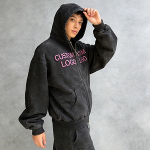 Sudadera con Capucha para Hombre, Negra, Estilo Desgastado, con Logotipo Bordado Personalizado, Bolsillos, Corte Holgado, Informal, Unisex, Ropa Urbana - Product Image 1