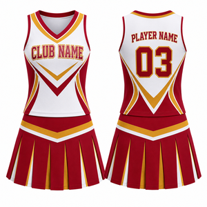 Uniformes de cheerleading personnalisés MEGA MAPLE Blanc Rouge Or Imprimés par transfert thermique avec strass Nom du joueur Numéro 03 Adulte Femme - Product Image 1