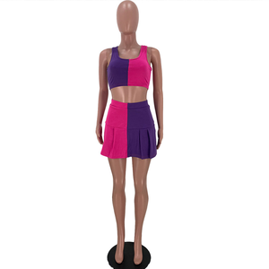 Conjunto Deportivo de 2 Piezas para Mujer, Color Rosa y Gris, Falda Plisada, Top Corto sin Mangas, Tejido Transpirable de Spandex y Algodón, Primavera - Product Image 6