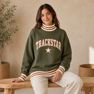 Olive Rust Stripe Trackstar Women's Mock Neck Sweatshirt Ivory Letter <b>Star</b> Custom Logo OEM Private Label Wholesale Pullover - Product Image 1