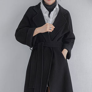 Women's Wool <b>Trench</b> <b>Coat</b> Long Sleeve Notched Collar Solid Color Belted Winter Outerwear Full Length Thick Warm <b>Coat</b> - Product Image 3