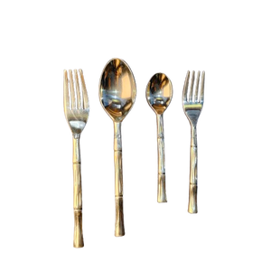Ensemble de couverts en acier inoxydable argenté de style bambou, 4 pièces, comprenant une fourchette à dîner, une cuillère à salade, une cuillère à café et une fourchette à dessert. - Product Image 1