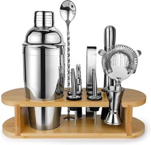Ensembles d'outils de barman en acier inoxydable durable avec support en bois pour les fêtes, barware complet, ensembles d'outils de bar à cocktails - Product Image 1