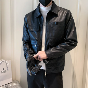 2023 New Trendy Korean Version Faux Leather Motorcycle Jacket Men Spring <b>Autumn</b> Winter Clothing Fleece <b>Fabric</b> Coffee-L Size - Product Image 2