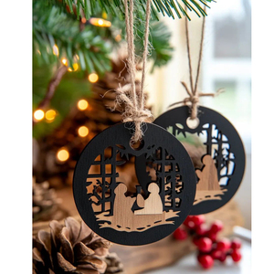 Ornement de Noël en bois, scène de la Nativité ronde découpée, décoration suspendue, artisanat traditionnel, décoration d'arbre - Product Image 1