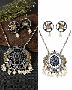 Parure Collier et Boucles d'Oreilles Pendante Mandala Bleu Royal en Zircon Plaqué Argent Oxydé Style Bohème pour Mariage Femme - Product Image 3