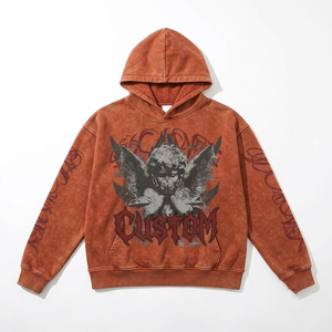 <b>Men</b>’s Burnt Orange Graphic Hoodie Cropped Oversized Gothic Angel Print Vintage Washed Y2K Streetwear <b>Pullover</b> Custom OEM Bulk - Product Image 3