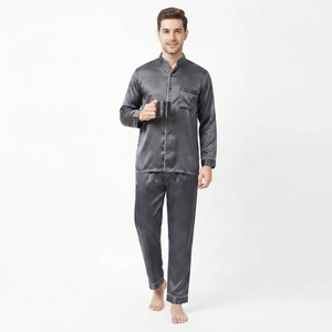 Men Sleeping <b>Suit</b> 2 Piece Set 100% Satin Polyester Sleepwear Chest Pocket Shirt Trouser Premium Men Nightwear <b>Pajama</b> Set - Product Image 3
