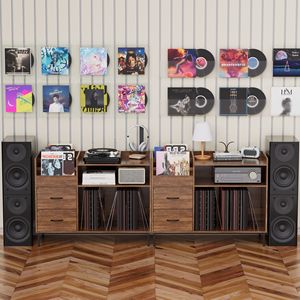 Support de tourne-disque réglable de 27,6 pouces avec 2 tiroirs, table console pour lecteur de disques vinyles 350+, étagère pour haut-parleurs multimédia, 2 étagères réglables - Product Image 4