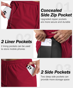 Shorts de course pour homme 2 en 1 à séchage rapide avec doublure rouge, shorts de fitness et d'entraînement respirants avec poches - Product Image 5