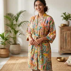 Kimono Premium de Algodón Beige con Estampado Paisley |   Bata de dormir de manga larga con cuello en V para mujer |   Ropa de estar por casa de alta calidad, sostenible y de diseño excepcional - Product Image 6